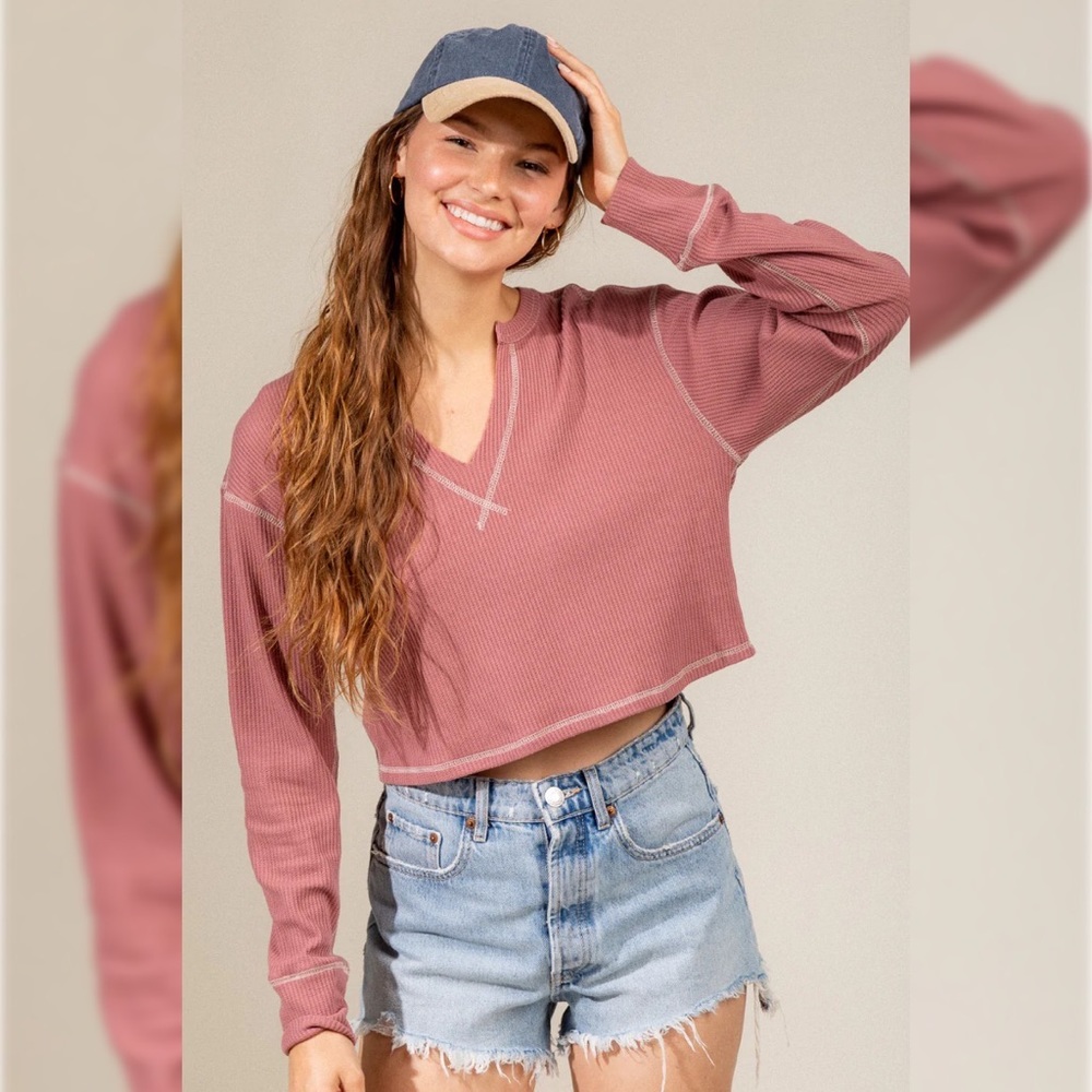 Seam details waffle thermal soft knit casual crop top